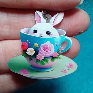 Cute baby bunny in tea cup with flowers wire dangle earrings easter